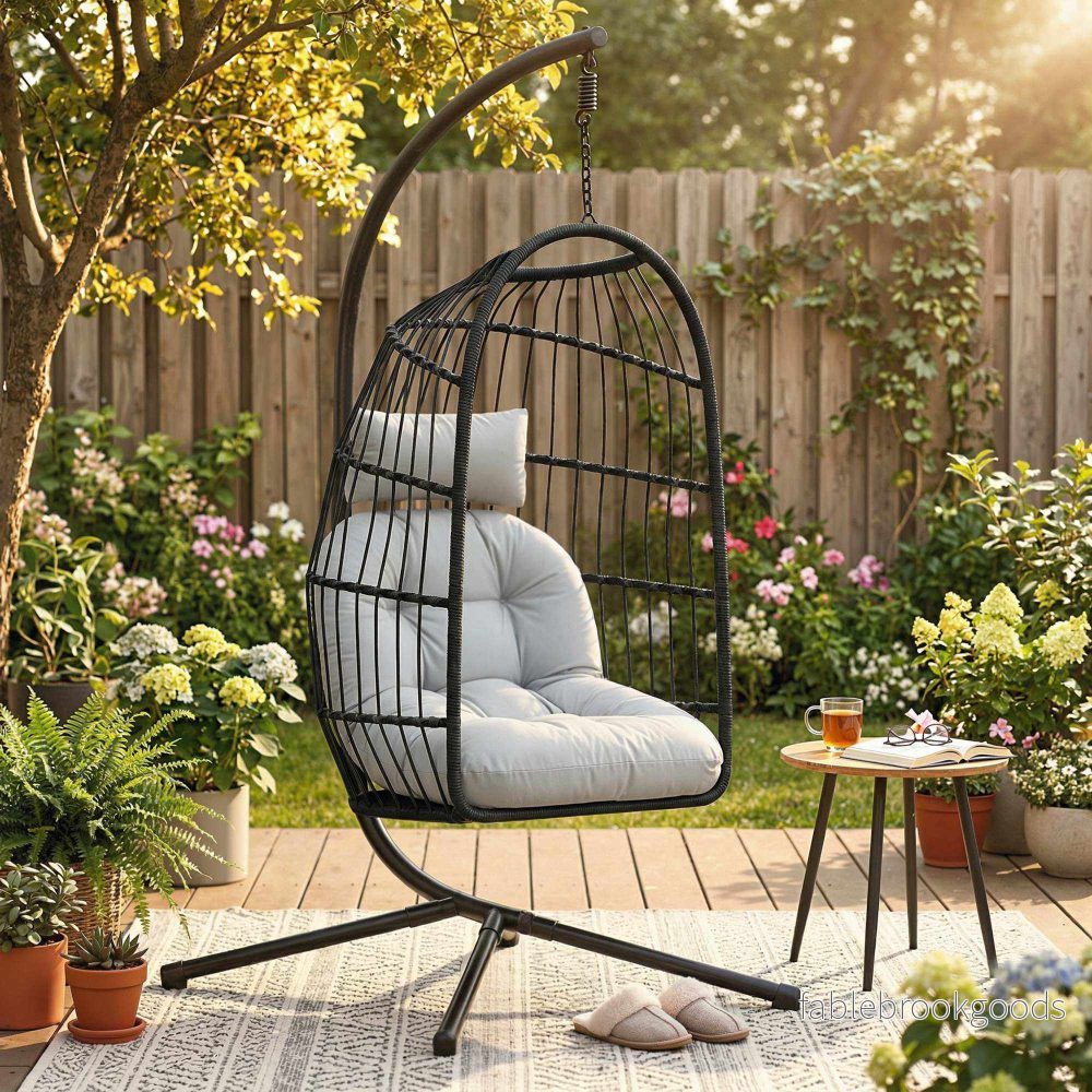Hopfällbar hängstol i polyrattan med stativ och kuddar - Bild 2