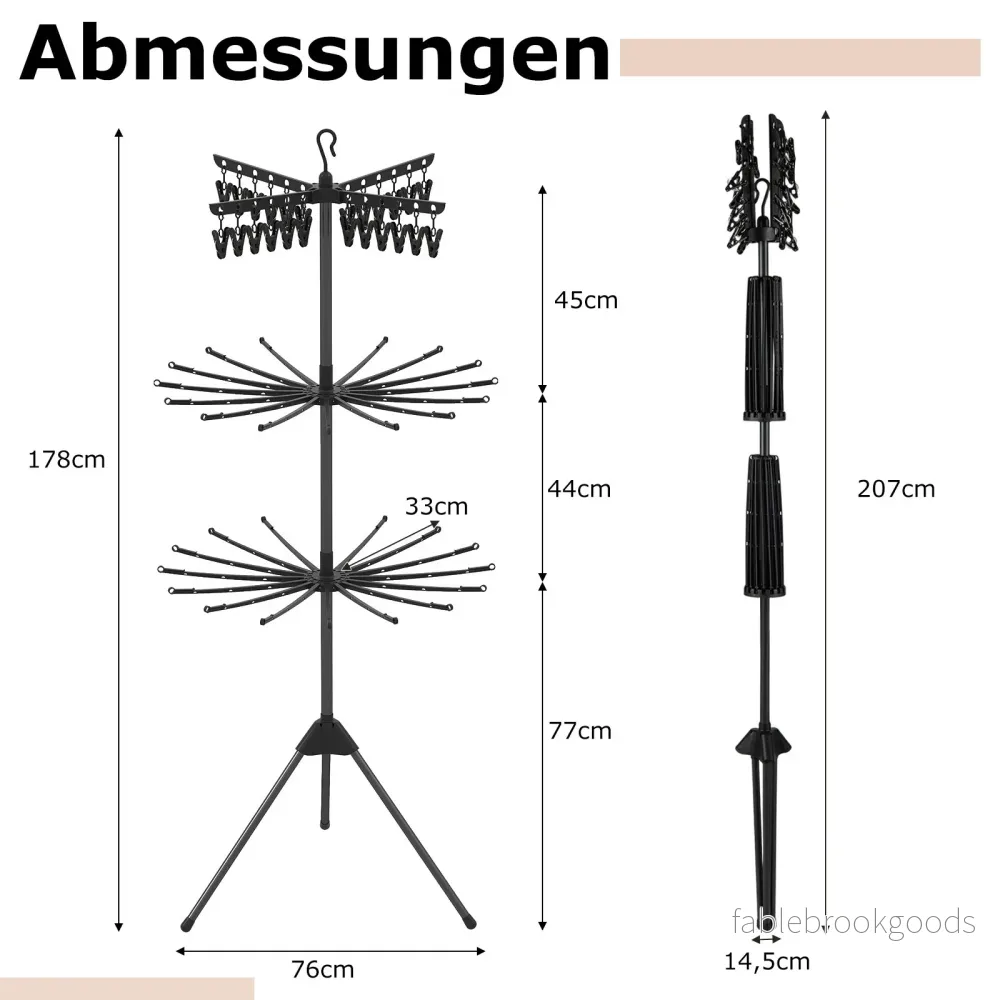stegs – hopfällbar tvättställ fristående trebenstork med klipp och stänger – 3 178 cm 24 32 – Svart - Bild 2