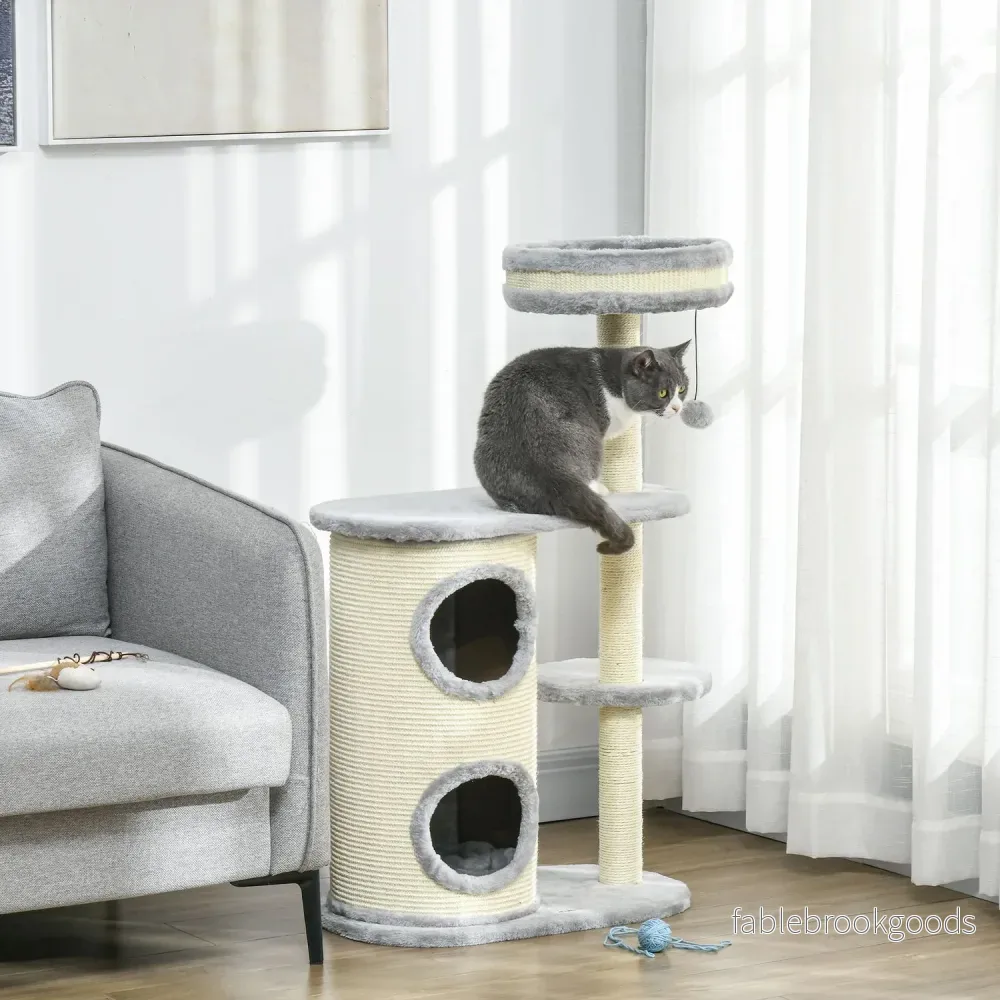 Cat Scratching Tower: 2 grottor, repstolpar, plysch, grå - Bild 2