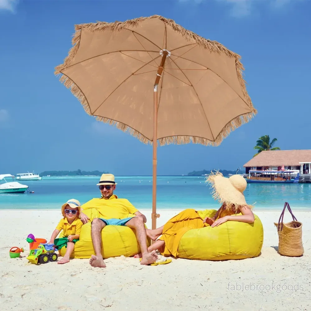 Hawaiian – Style Beach Paraply med hopfällbart stativ och lutningsknopp bärväska Tiki – Natur - Bild 3