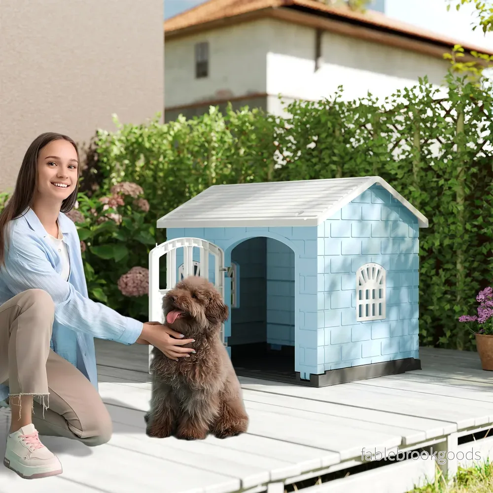 Hundkoja – i plast väderbeständig hundhus med låsbar dörr, fönster och snedtak för små hundar katter – 3 – Blå - Bild 3