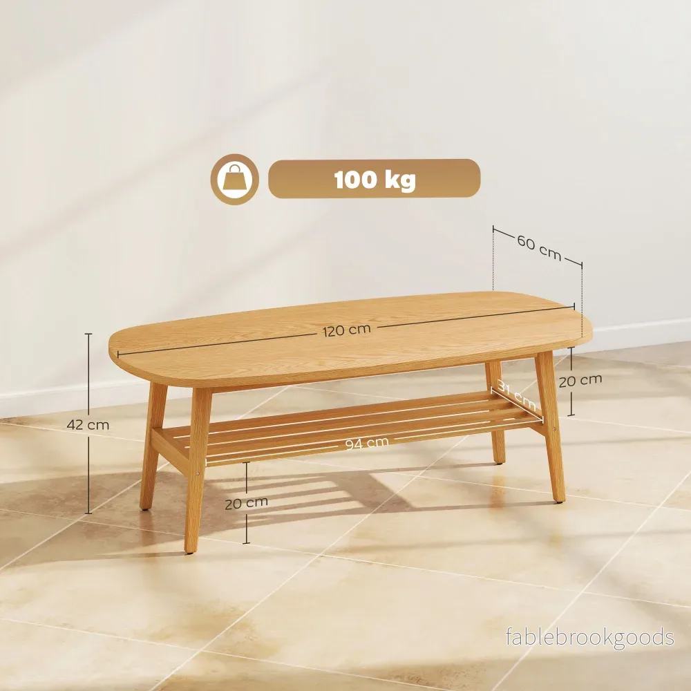 Ovalt soffbord med hyllplan, naturträ, 120x60x42 cm - Bild 3