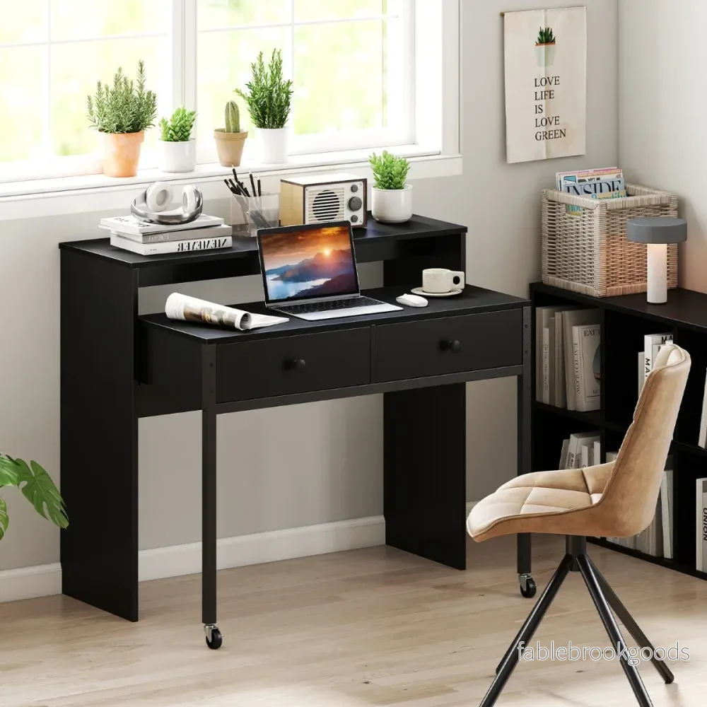 Utdragbart – skrivbord, mindre datortabell med lådor och hjul – 2 100 x 63 x 88 cm – Svart - Bild 3