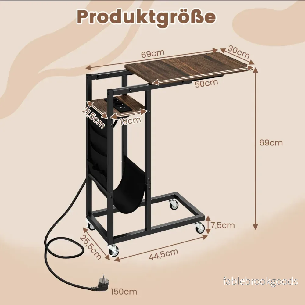 C – formad sidobord med laddstation och utdragbar bordsskiva sidoficka soffbord – Brun - Bild 2