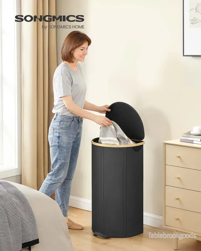 Tvättkorg med lock och avtagbar påse – Oxfordduk – bläck svart-naturbeige - Bild 2
