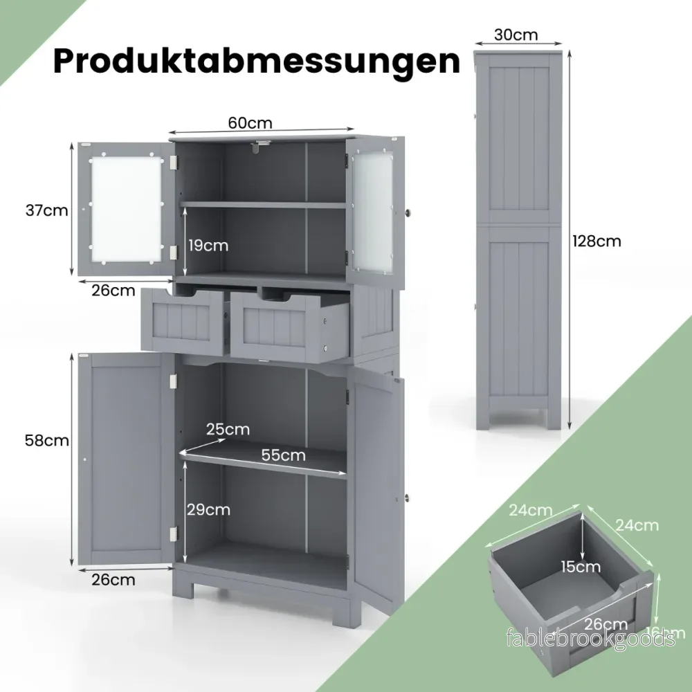 Badrumsskåp – med glasdörrar lådor och ställbara hyllor – 2 2 – Grå - Bild 2