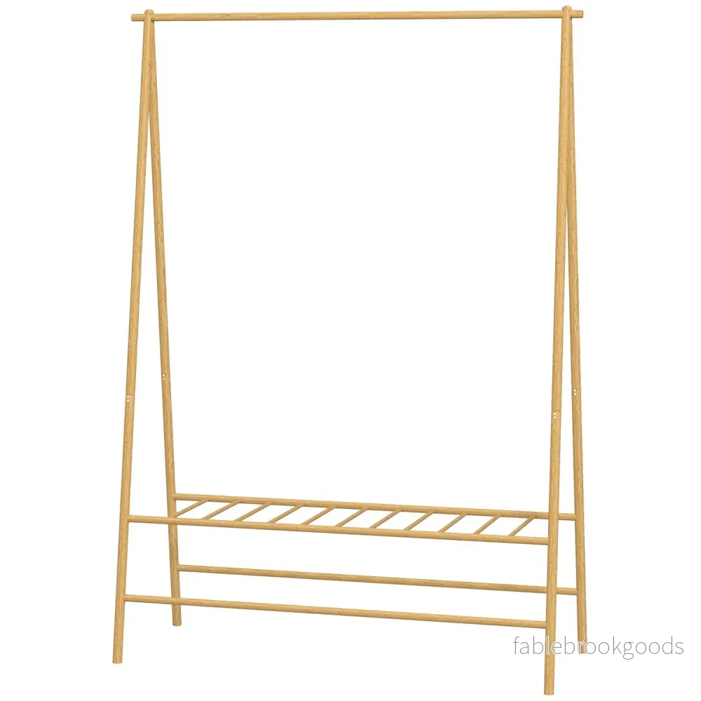 Bambu klädhängare med hyllor och krokar, naturligt trä