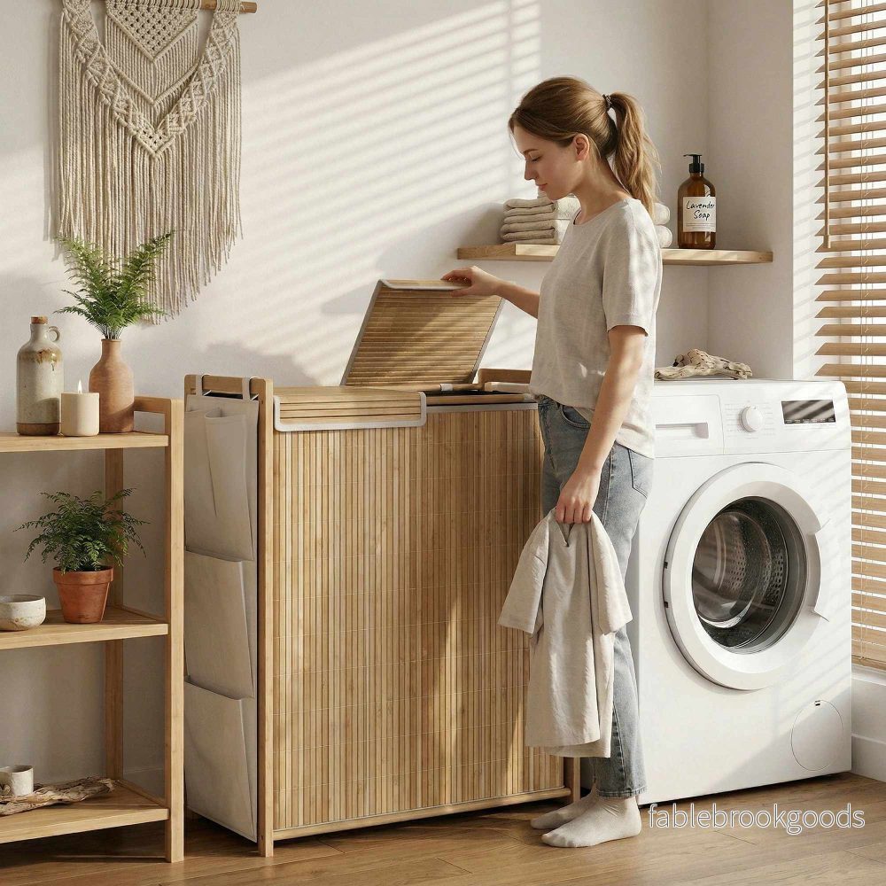 120L tvättkorg i bambu med lock och sidofickor - Bild 2