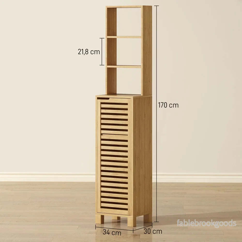 Högt badrumsskåp i bambu med justerbara hyllor, 34x30x170 cm - Bild 3