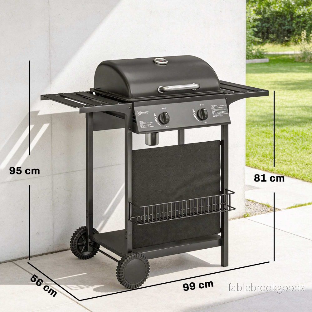 Gasgrill 5kW, 2 brännare, rostfritt stål, sidobord - Bild 3