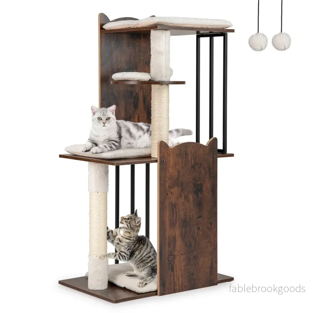 Klösträd – med Klösäule och Plattform Boll Avtagbar Kudd Kattträd – 4 112 cm – Rustik brun
