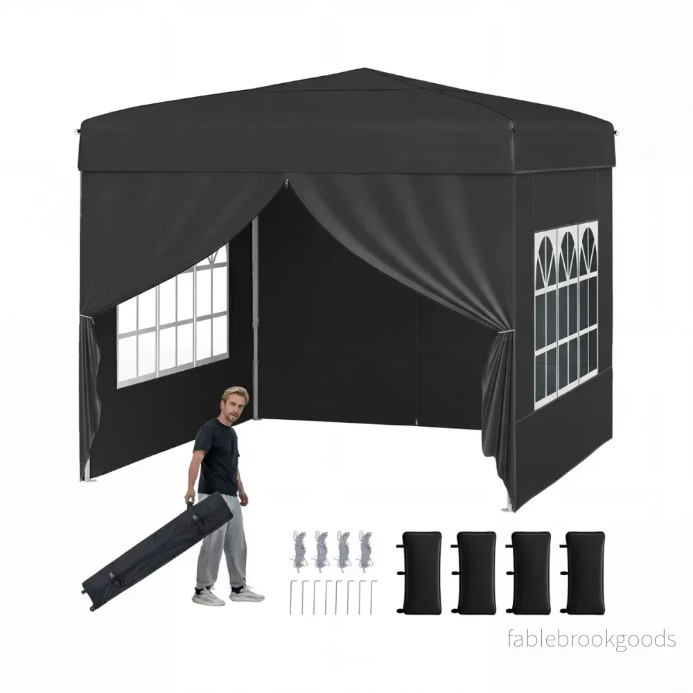 Paviljong – pop up med avtagbara sidoväggar, stegs höjdjusterbart partytält – 3 x 3 m 4 3 – Svart
