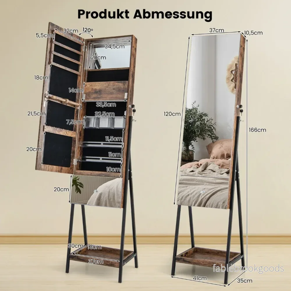 Smyckesskåp – med spegel Låsbart färgade LED belysning – 3 41 x 35 x 166 cm – Brun - Bild 2