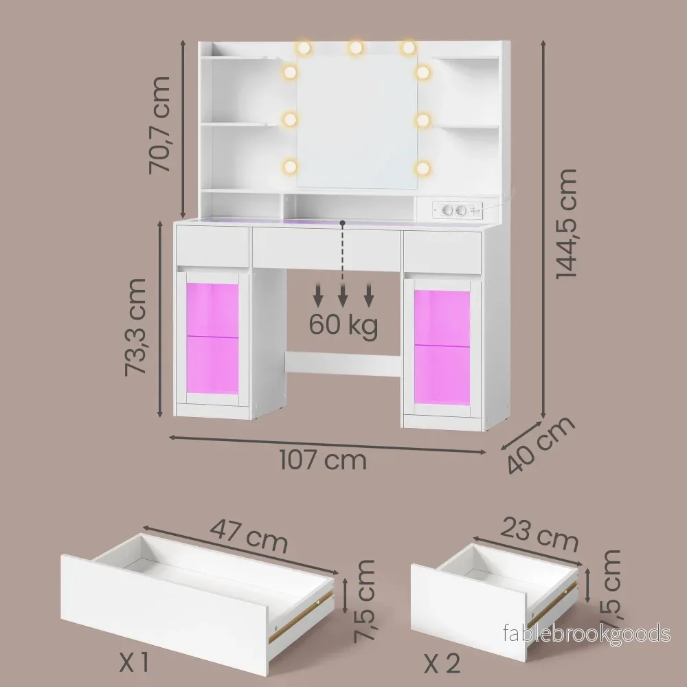 Kaptafel met Spiegel - RGB-Verlichting - Met Stopcontact - 2 Kastjes - Mat Wit - Bild 2