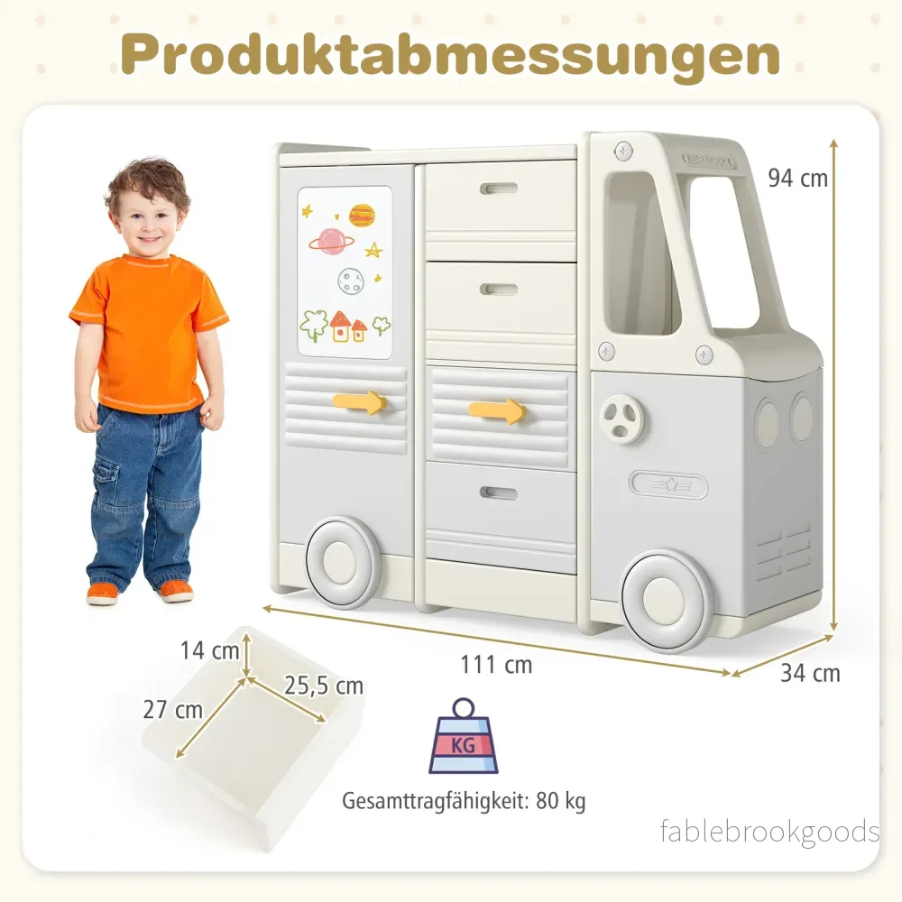 Leksakshylla – Bil Barnhylla i Bussform med Whiteboard Lådor och Skåp – 4 111 x 34 x 94 cm – Grå - Bild 2