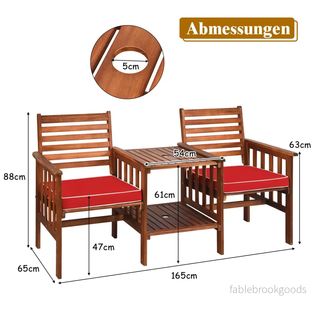 Trädgårdsbänk – med bord sits träbänk sittkuddar och parasollhål – 2 – Röd - Bild 2