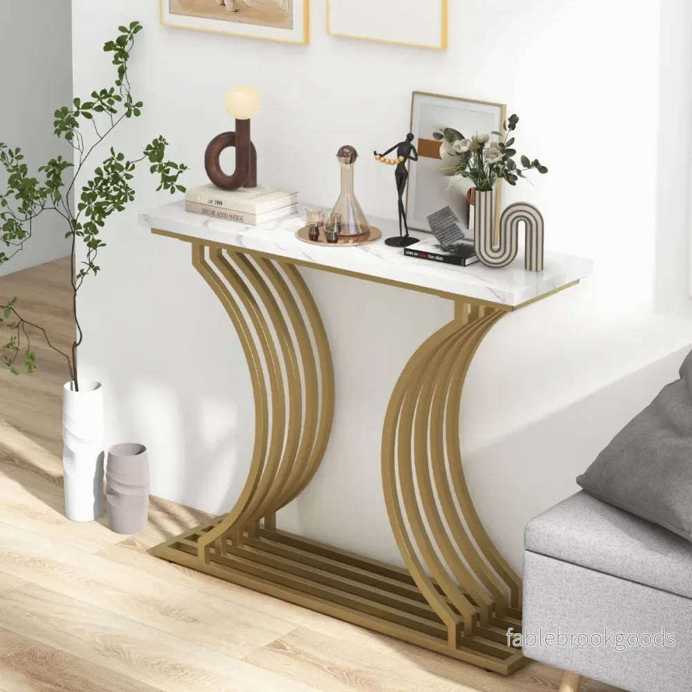 Modernt – konsolbord med bordsskiva i fuskmarmor och entrébord geometriska ben i metall – Vit - Bild 2