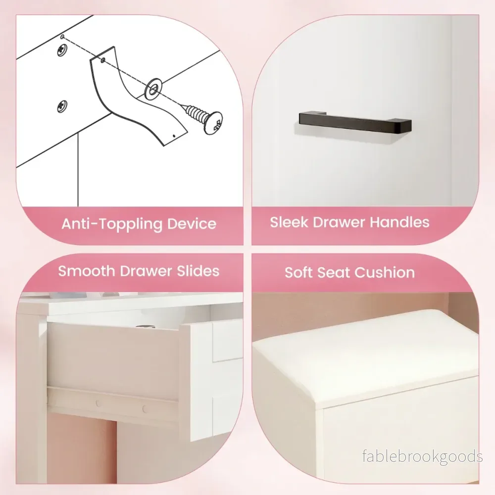 Sminkbord – med spegel och belysning sittpuff utagor – Vit - Bild 3