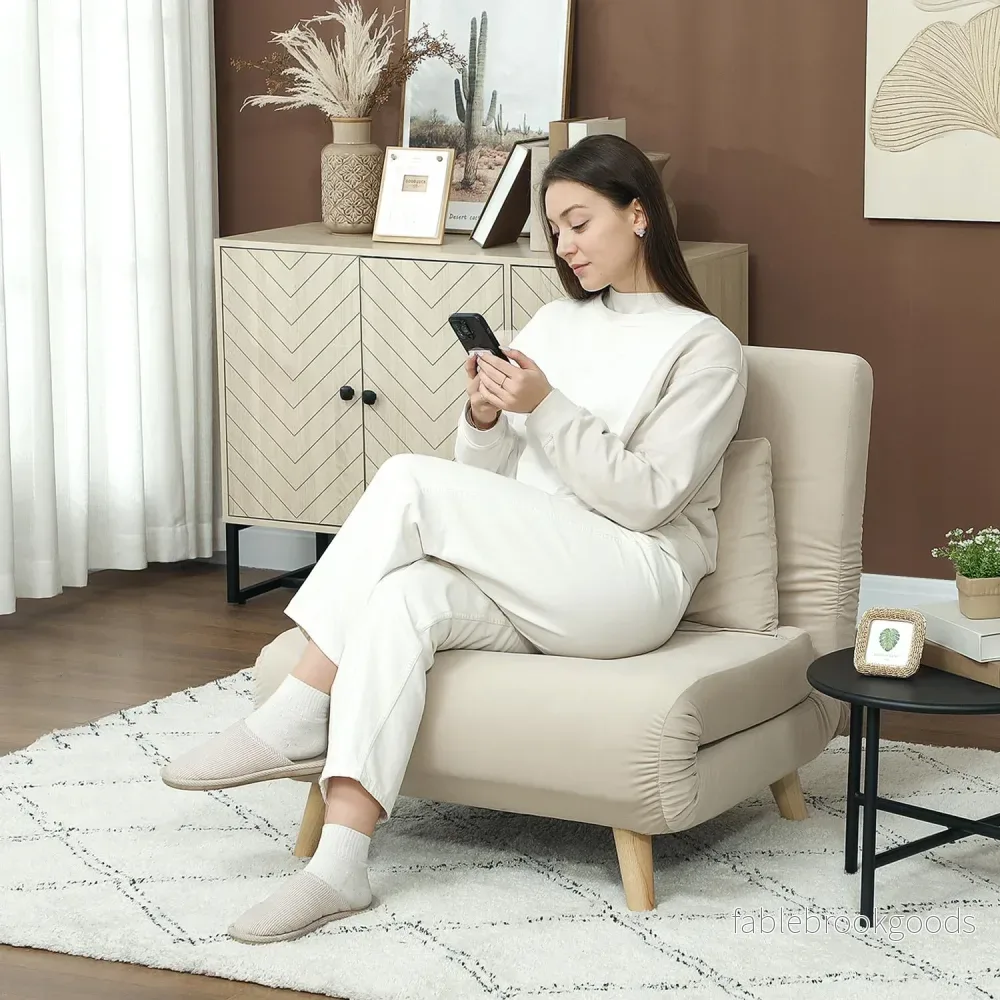 Folding Velvet Look Sleeper Chair med kuddar, Beige - Bild 2