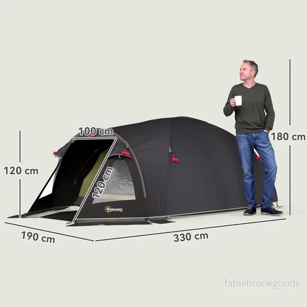 Campingtält för 4 personer, lätt, stabilt, UV 50+ tunneltält med kapell, sidodörr och fönster, svart - Bild 3