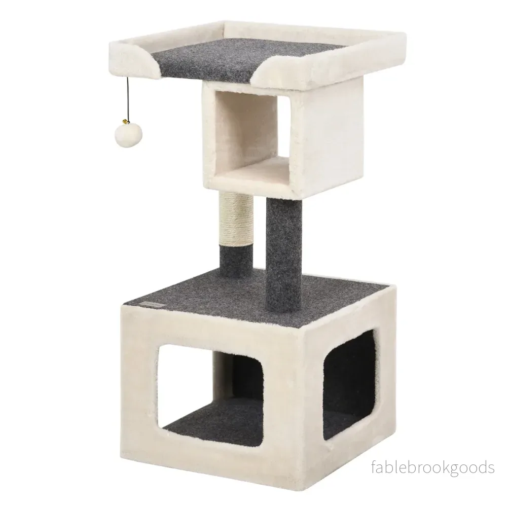 Skrapstolpe – liten trä kattträd stall klätterträd och – 42 x 42 x 80 cm – Grå och vit - Bild 3