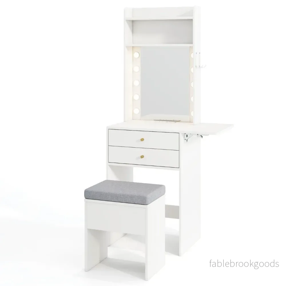 Sminkbord – med belysning Frisyrbord laddstation Puff förvaring – Vit