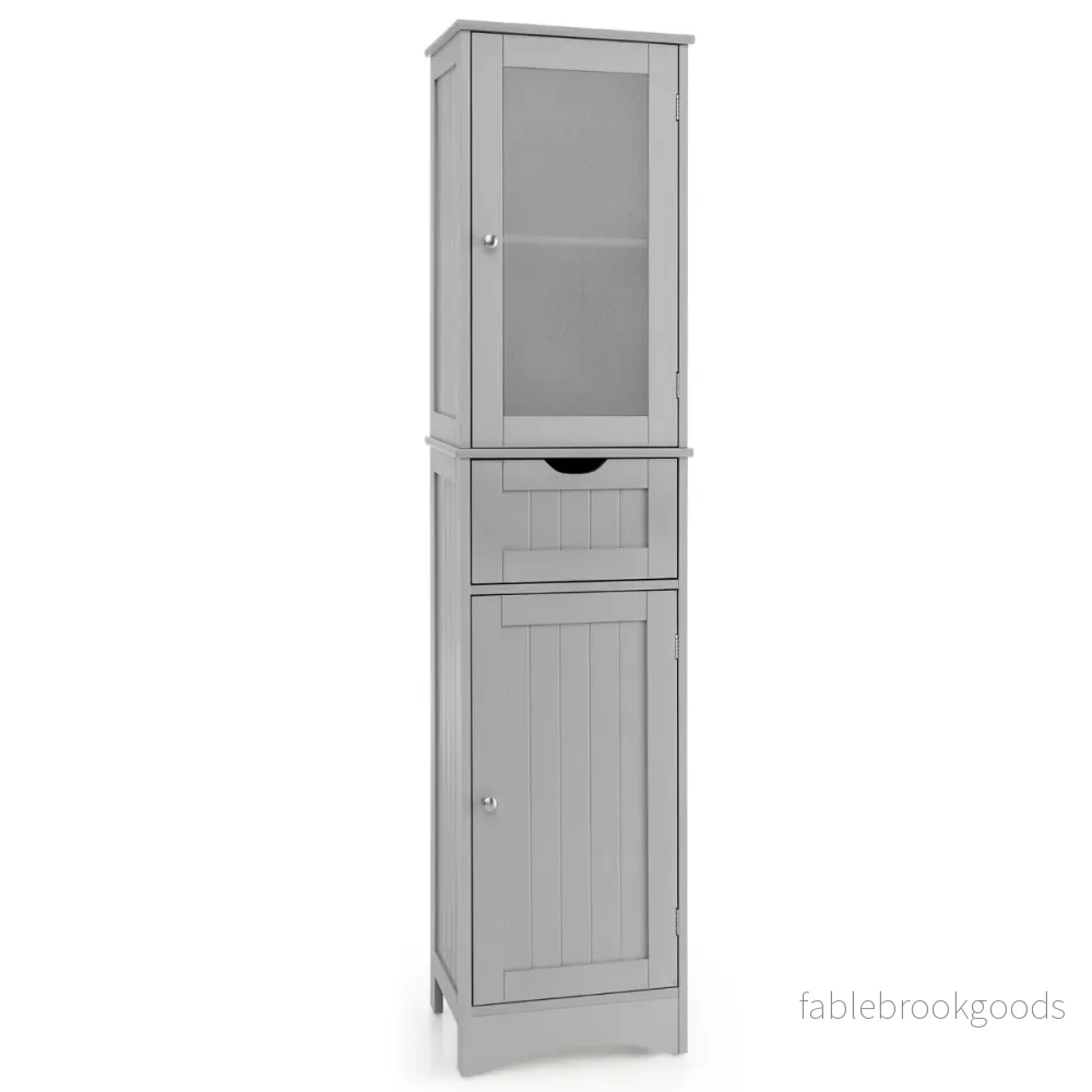 Badrumsskåp – med dörrar och låda Fristående högskåp – 2 1 40 x 30 x 170 cm – Grå - Bild 2