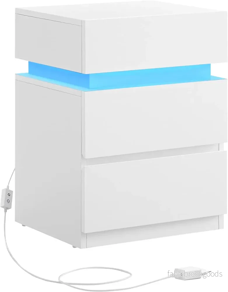 Sängbord med LED-belysning och 3 lådor – Vit Sängbord med LED-belysning och 3 lådor – Vit