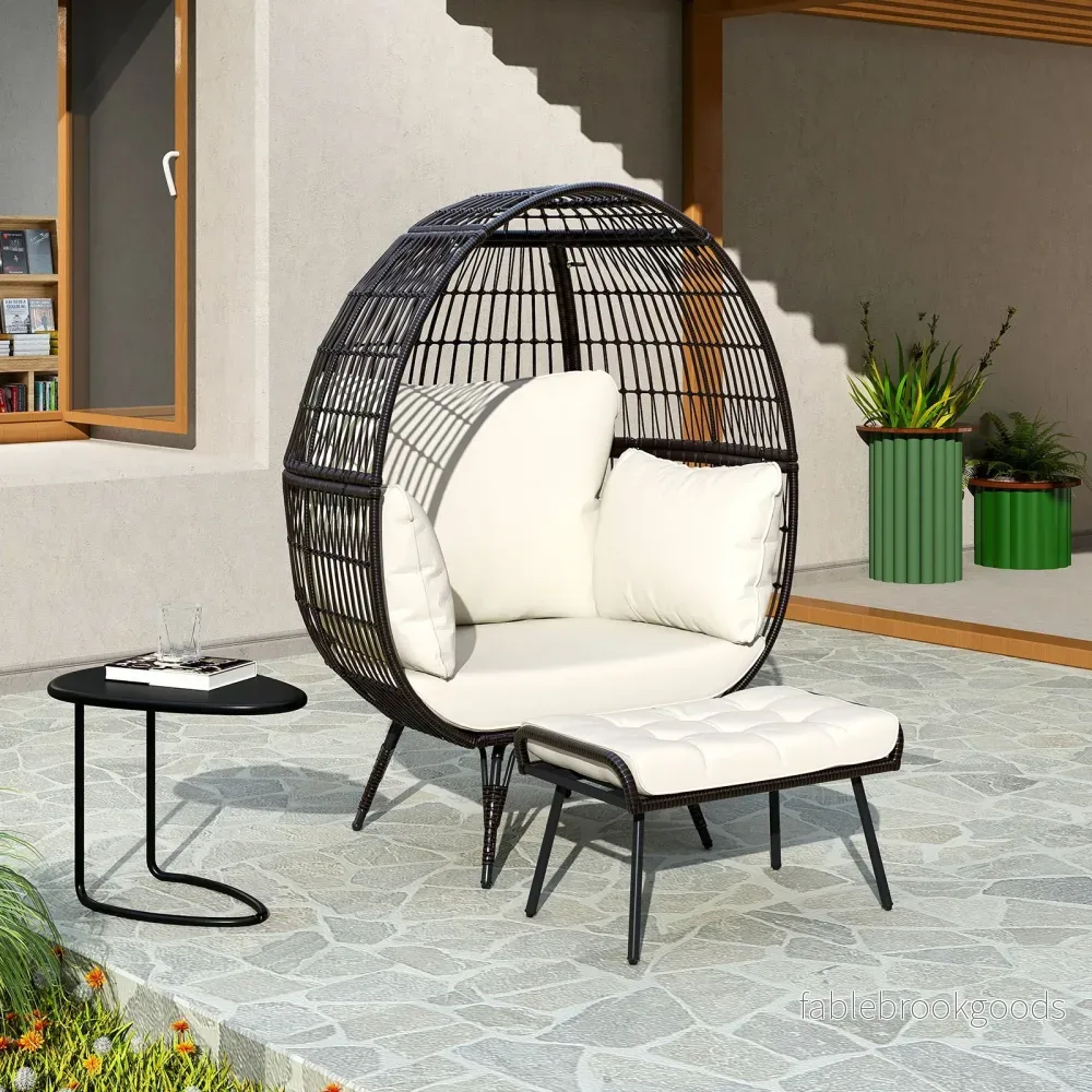 Rattanstol – med fotpall Överdimensionerad trädgårdsstol kudde XXL – Vit - Bild 3