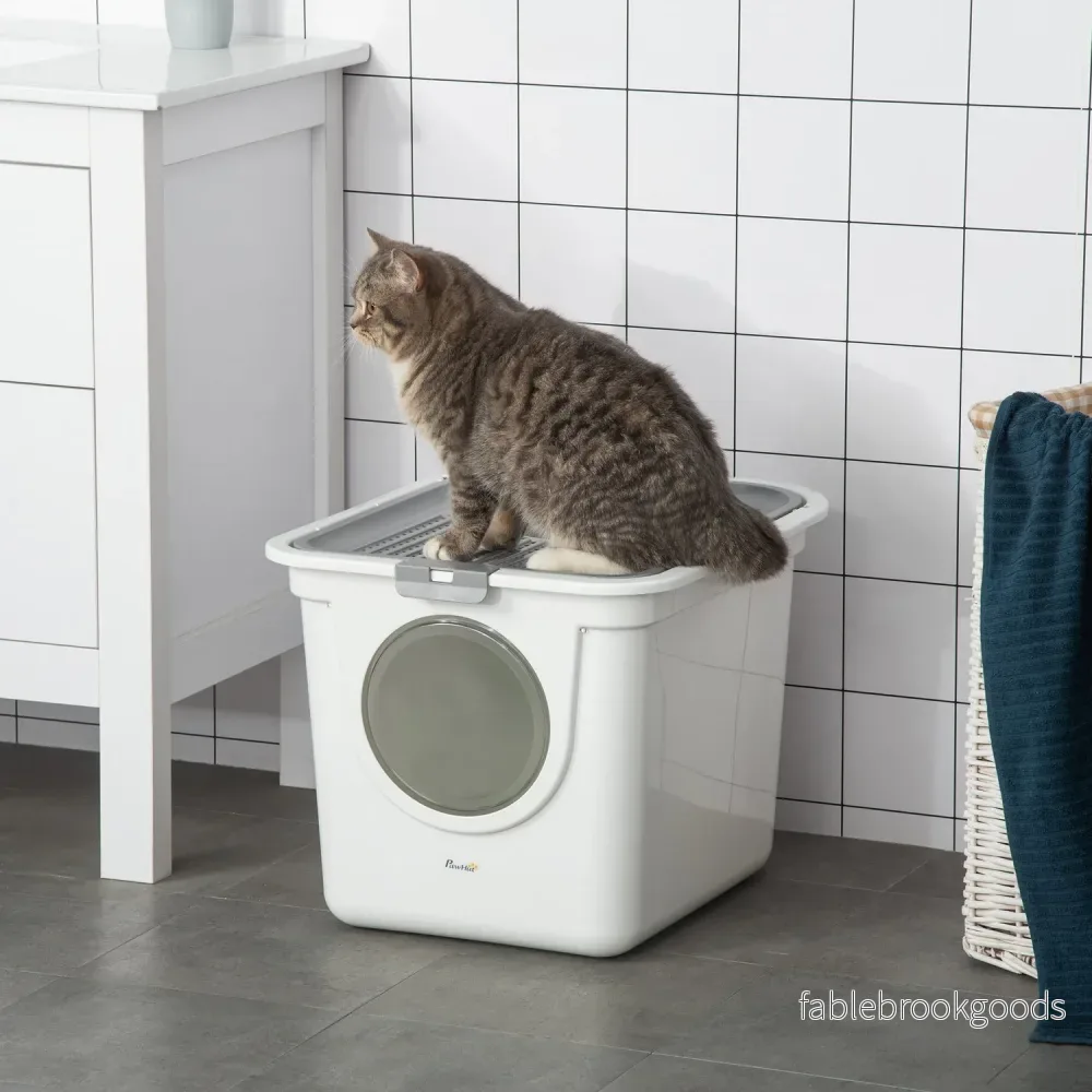 Kattsandlåda i plast med lock och skopa, inomhus – Grå/Vit - Bild 2