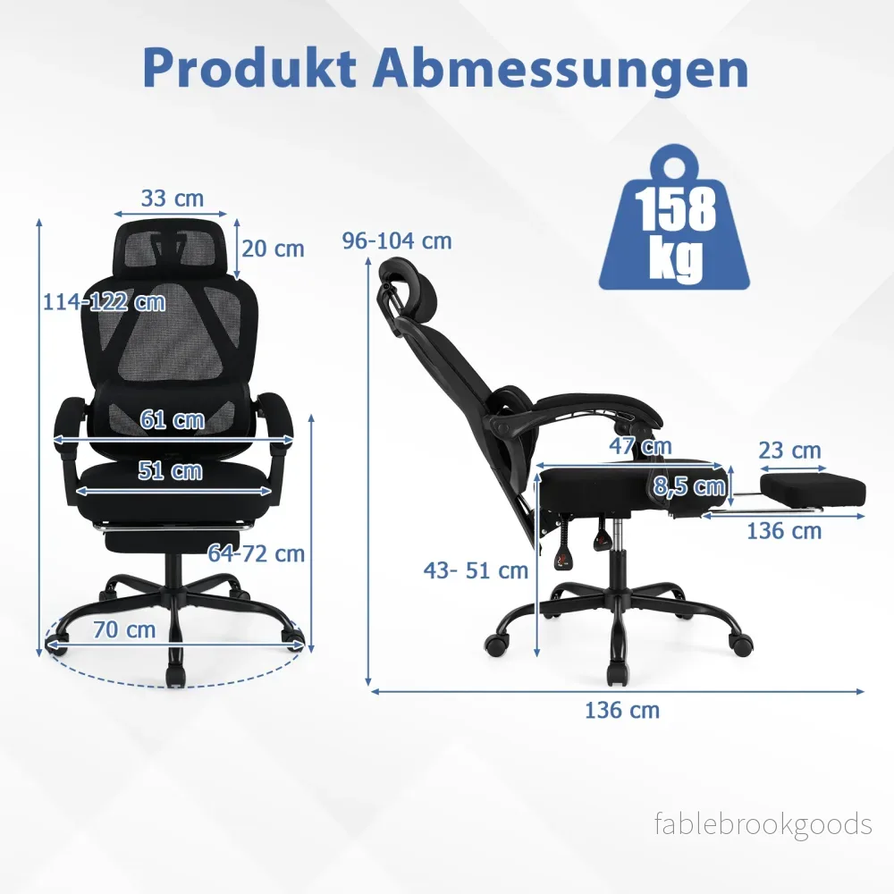Ergonomisk – kontorsstol med inbyggd fotstöd, skrivbordsstol justerbart ryggstöd, snurrstol för hemmet – Svart - Bild 2