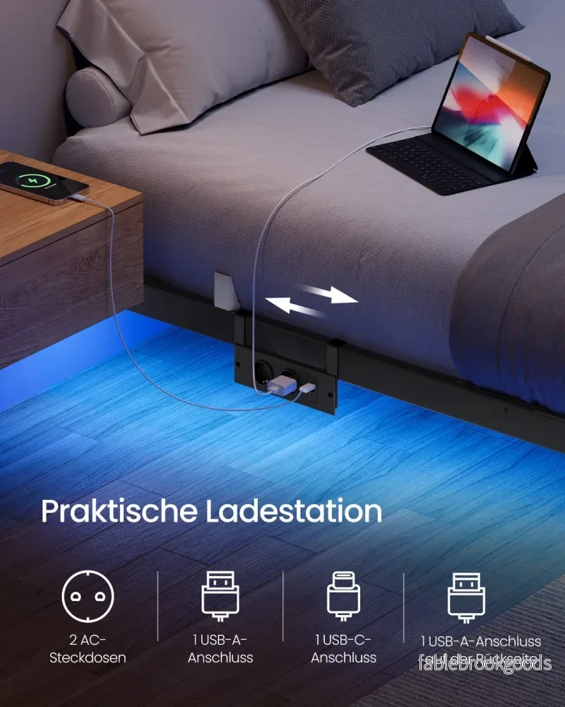 Bedframe - 160 x 200 cm - Zwevend effect - Ledverlichting - Afneembare stekkerdoos met 2 stopcontacten, 1 USB-C-poort en 2 USB-A-poorten - Inktzwart - Draagvermogen tot 500 kg - Bild 3