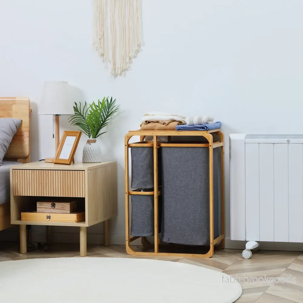 Bambu tvättsorterare med 3 avtagbara påsar, grå/naturlig - Bild 2