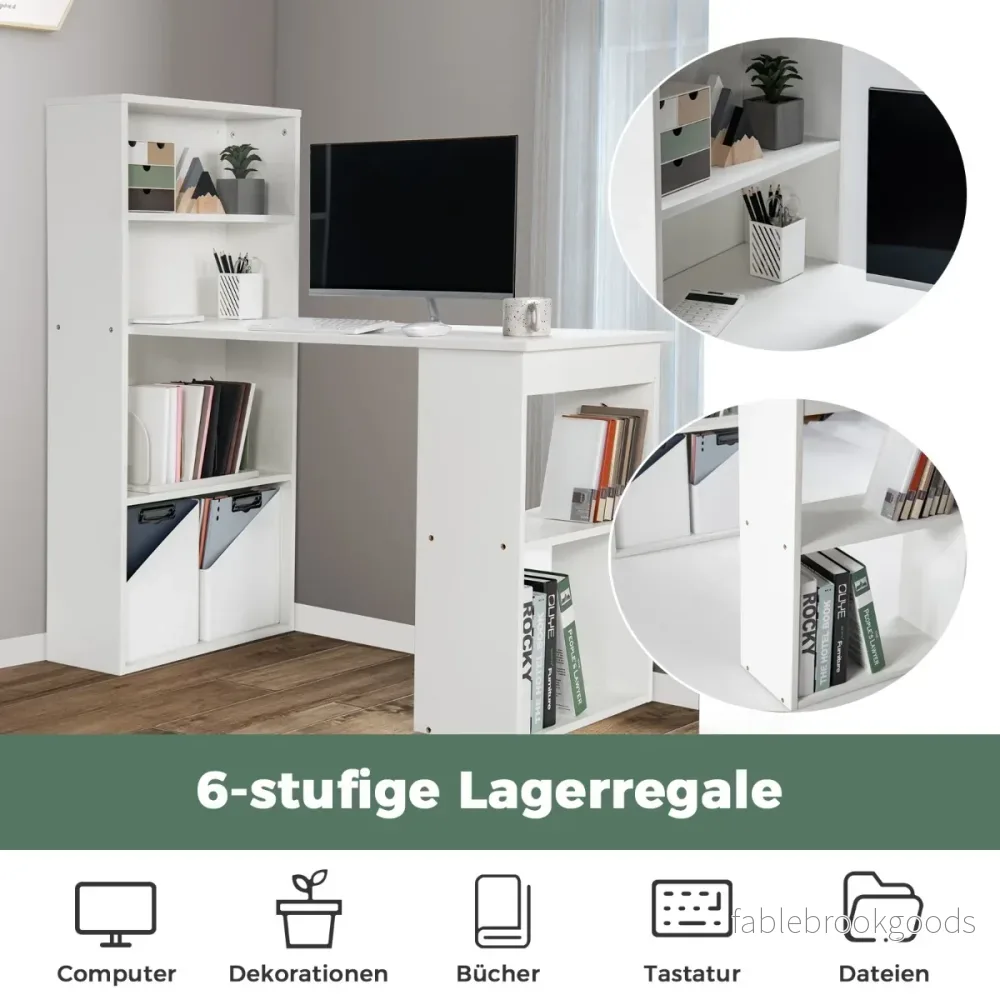 Skrivbord – med bokhylla Datorbord hyllor PC – 6 – Vit - Bild 3
