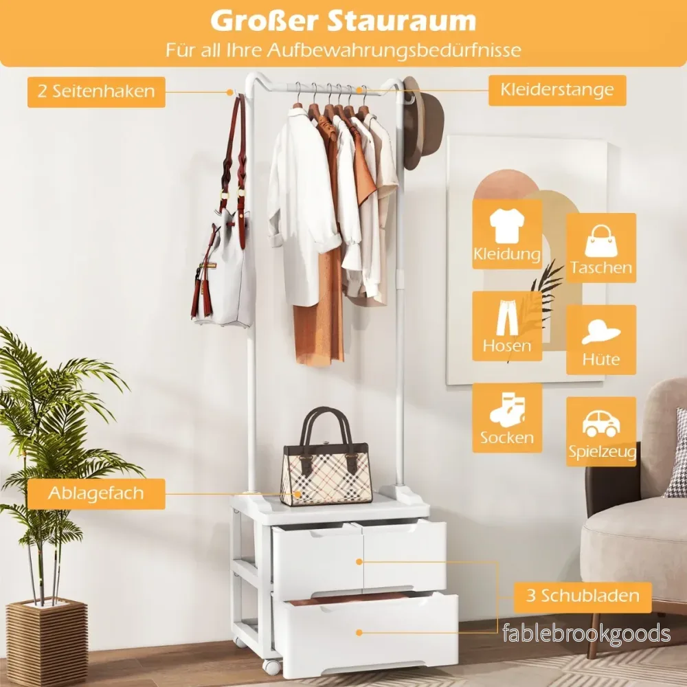 Klädställ – med lådor Rullbar klädhängare sidokrokar – 3 46 x 38 x 157 cm – Vit