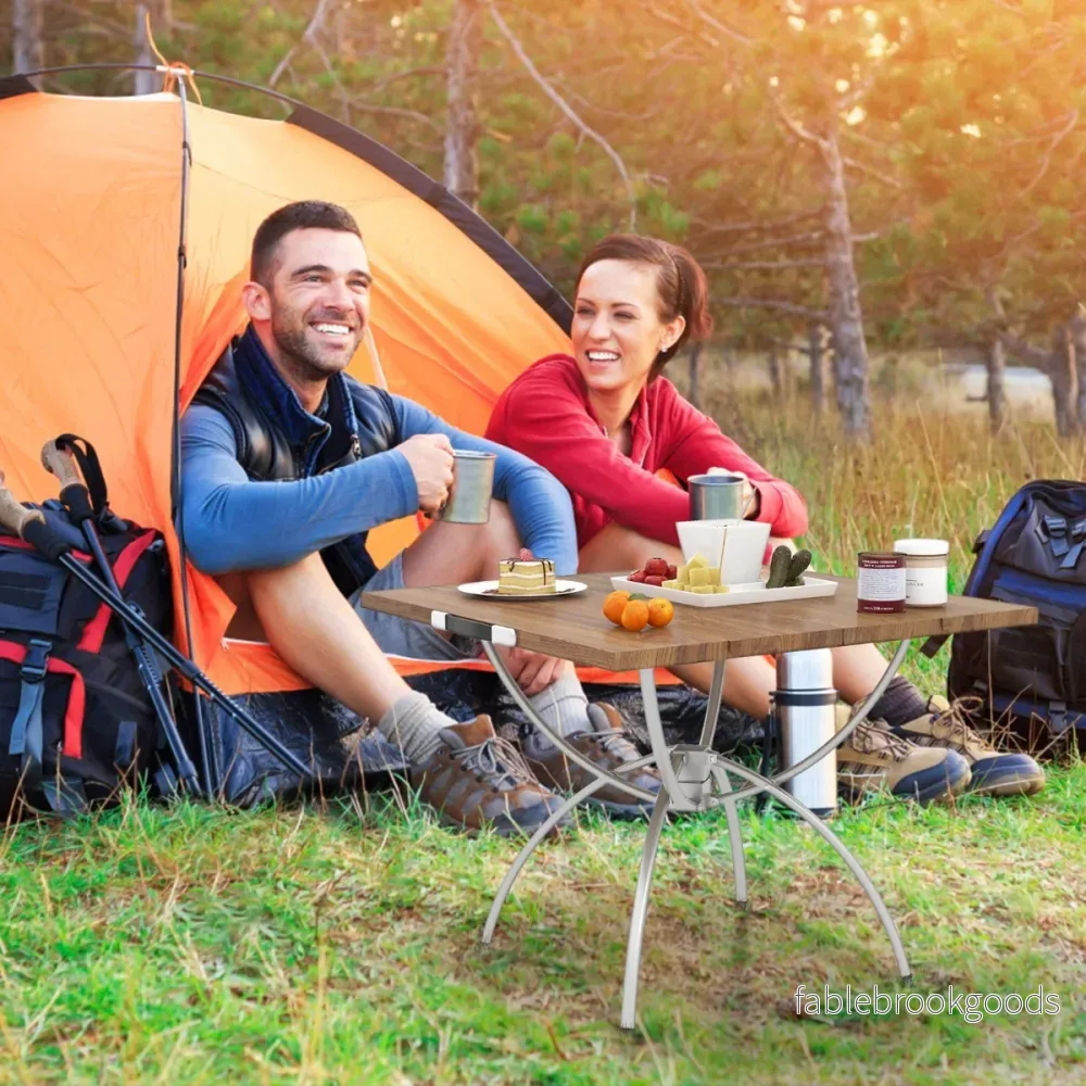 Set – med hopfällbara campingbord bordsskiva i trä och strandbord aluminiumstomme – 2 – Natur - Bild 3