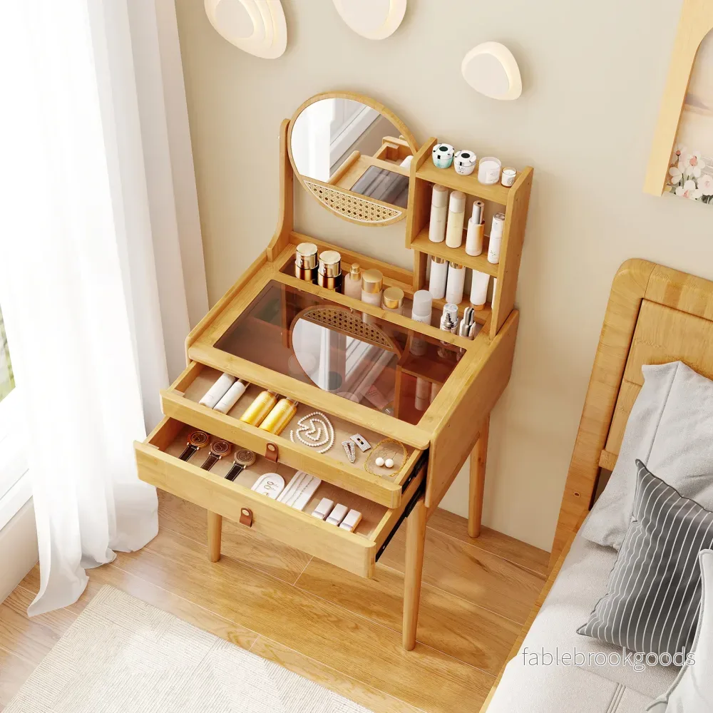 Liten – sminkbord med spegel kompakt frisörbord lådor öppna hyllor – 60 cm 2 – Natur - Bild 3