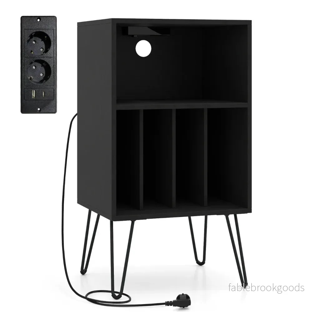 Plattspelarställare – med Laddningsstation Vinylförvaringsfack och – Svart
