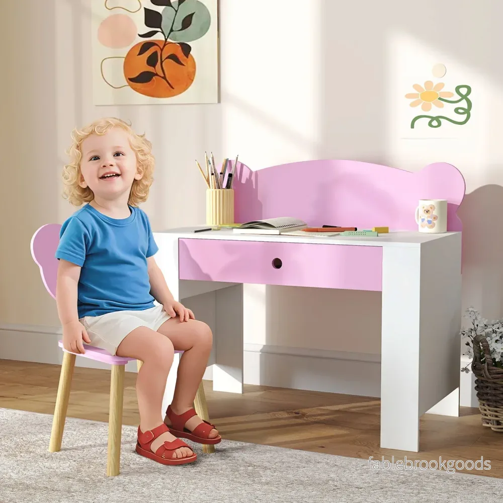 Barnskrivbordsset, björnformat skrivbord och stol med låda, för att skriva och pyssla, 3-8 år, rosa - Bild 2