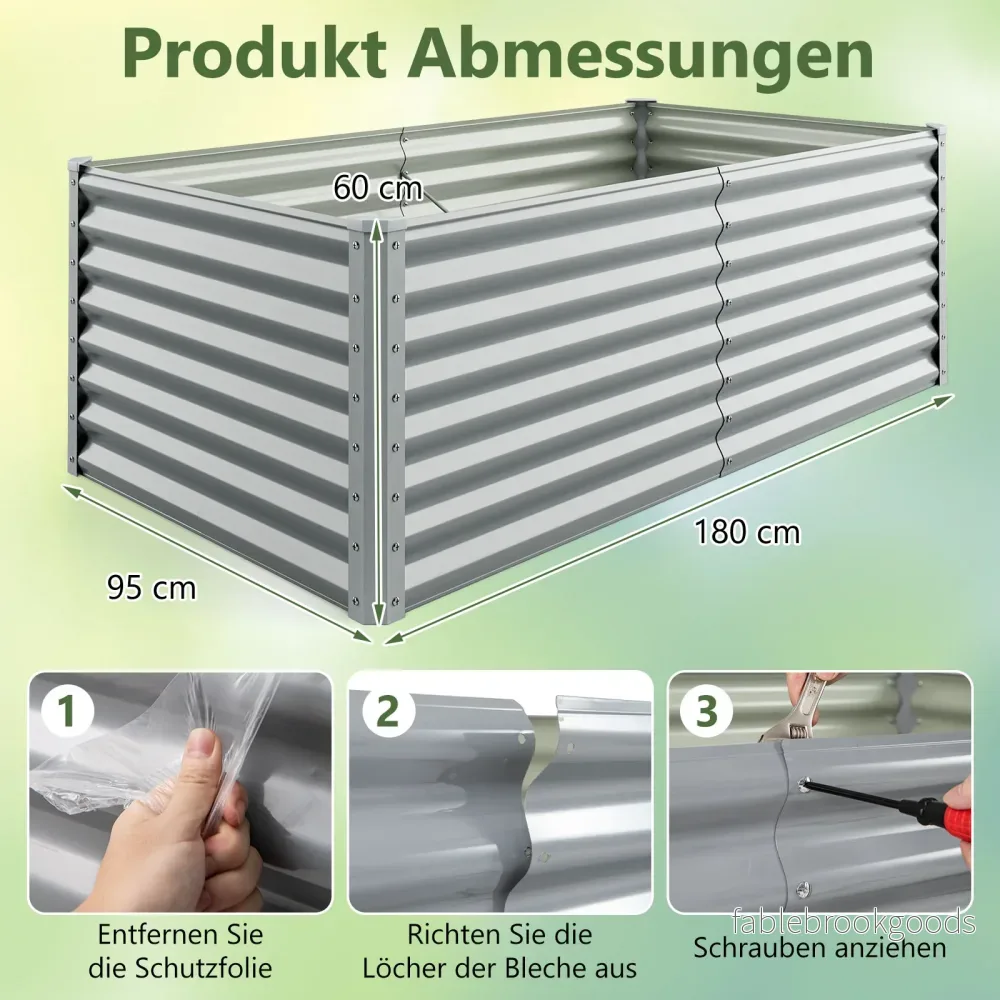 Höjdbädd – Metall planteringslåda för trädgård Rektangulärt förkultiveringsbädd med förstärkta stänger och öppen botten – 180 x 95 x 60 cm – Grå - Bild 2