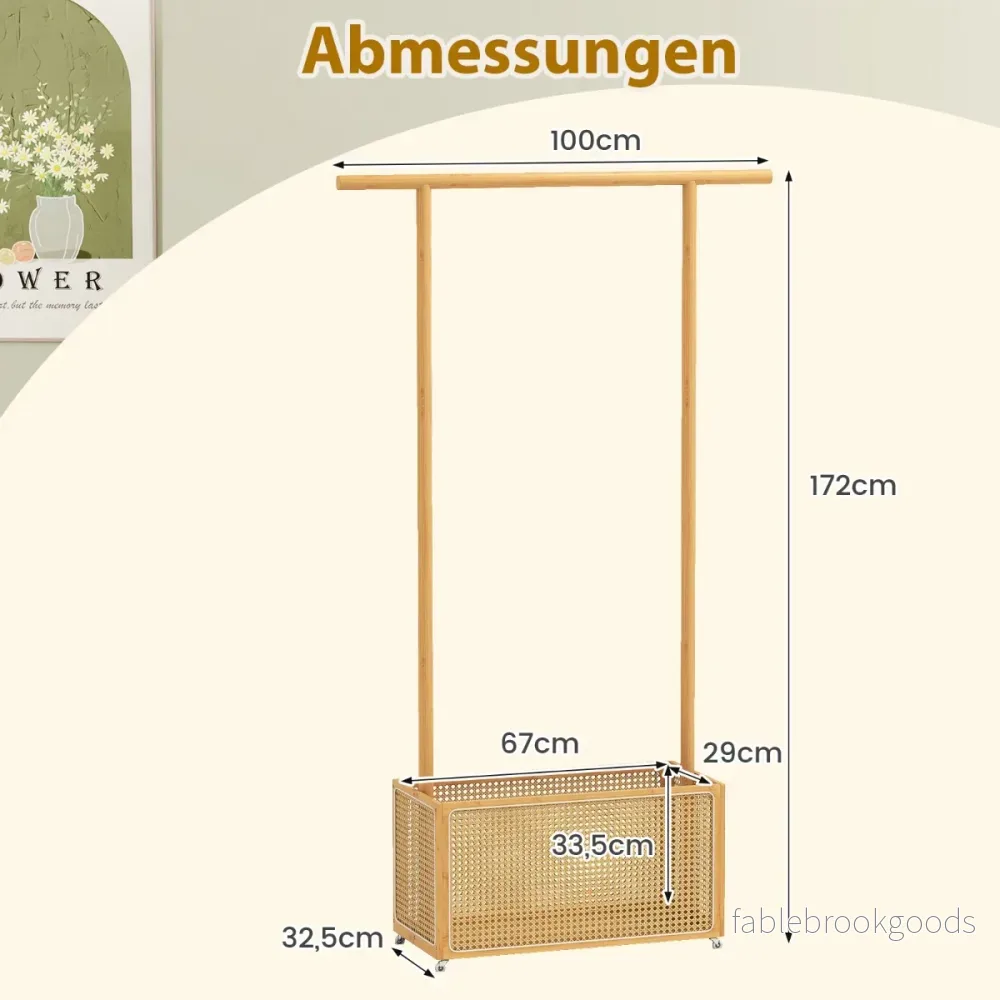 Bambu – klädställning Garderob med rottingkorg och hjul – Natur - Bild 2