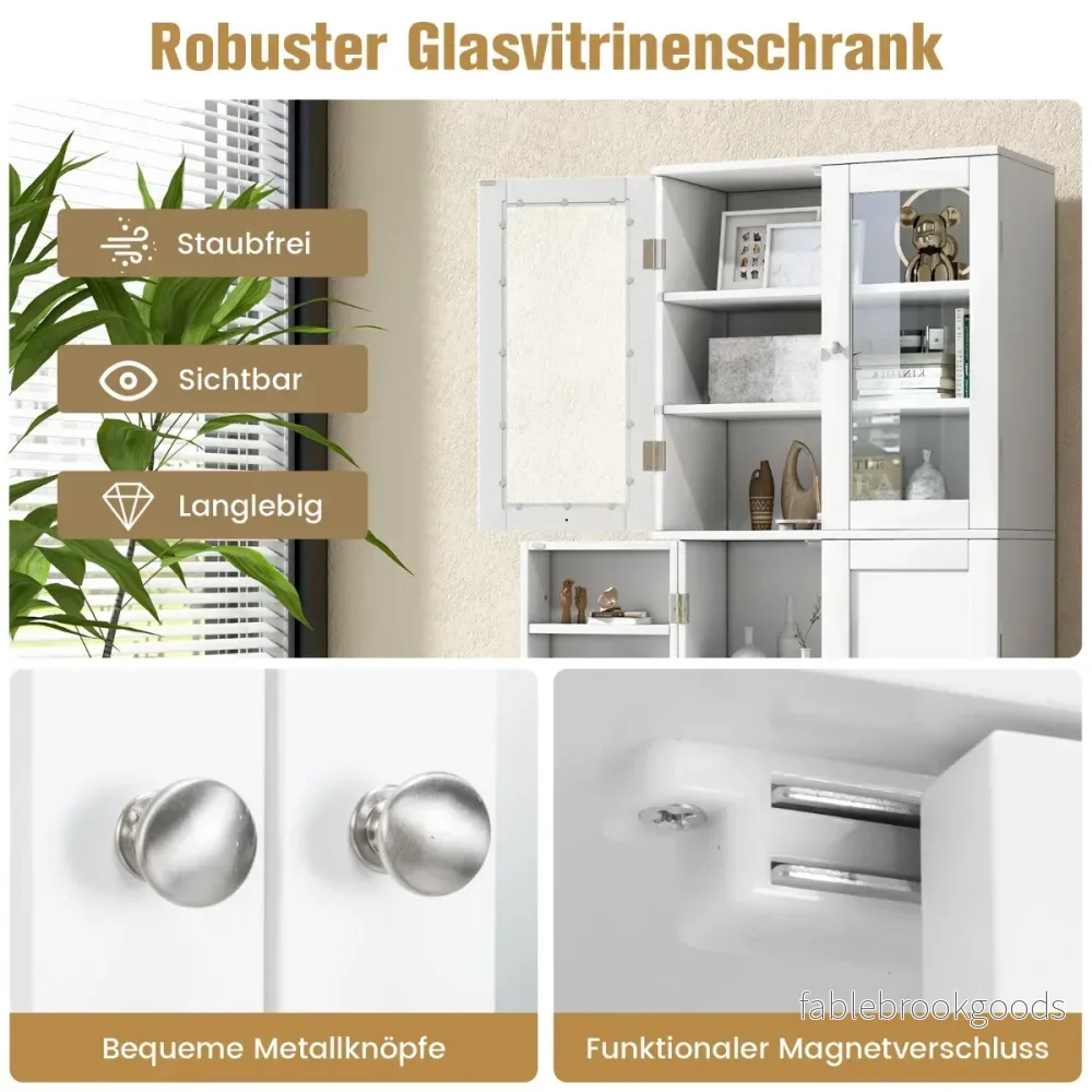 Köksskåp – i trä med dörrar härdat glas och hyllor Högskåp – 2 – Vit - Bild 3