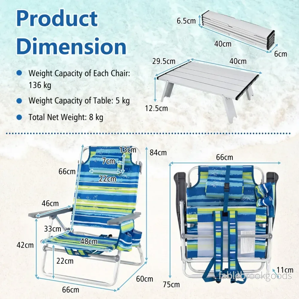 set – strandstolar med bord Hopfällbara campingstolar justerbar ryggstöd + – 2 – Blå och grön - Bild 2