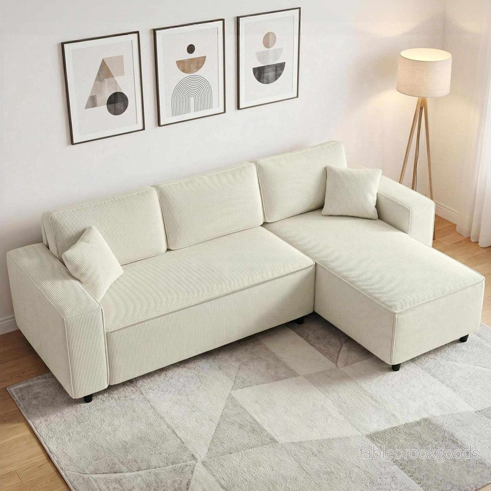 3-sits sektionssoffa med vändbar schäslong, krämfärgad manchester - Bild 2