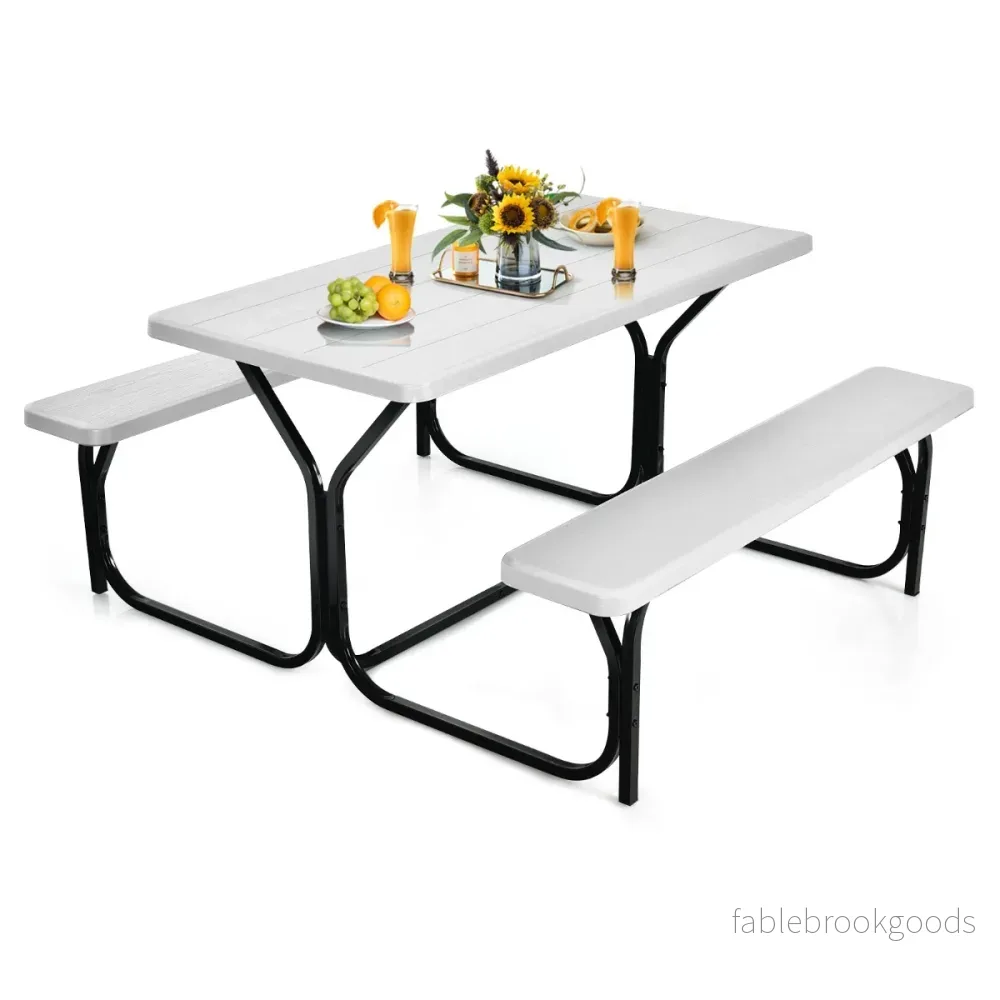 Öltältset – picknickbord och bänkar med metallstomme – 2 – Vit