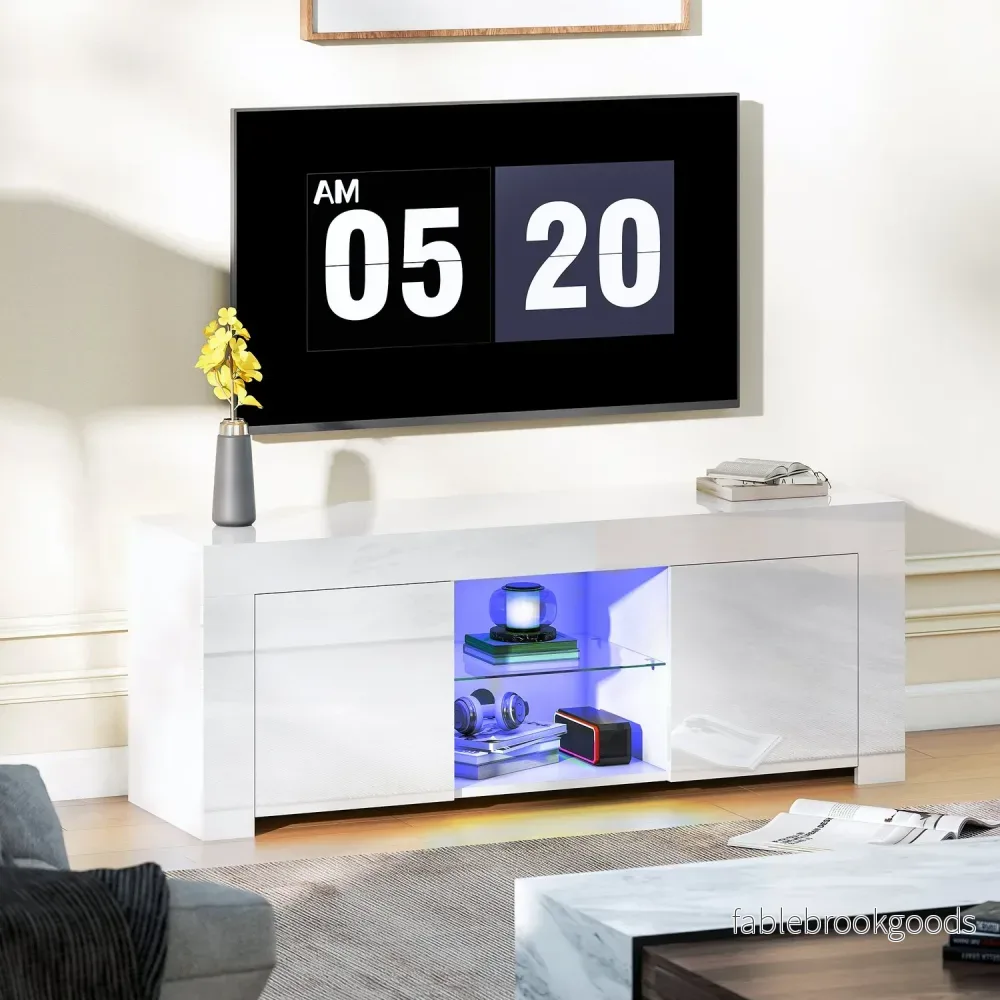 TV-bänk med RGB LED-lampor, blank vit finish - Bild 2