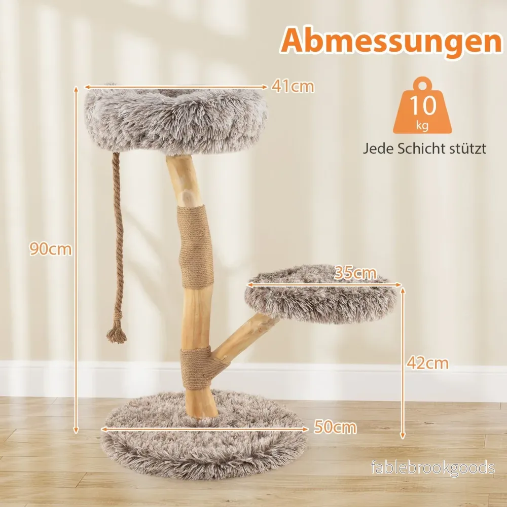Klösträd – i trä med plyschsittplatser, rep och klösposter av jute, kattorn, kattmöbler i massivt + – 3 90 cm – Brun - Bild 2