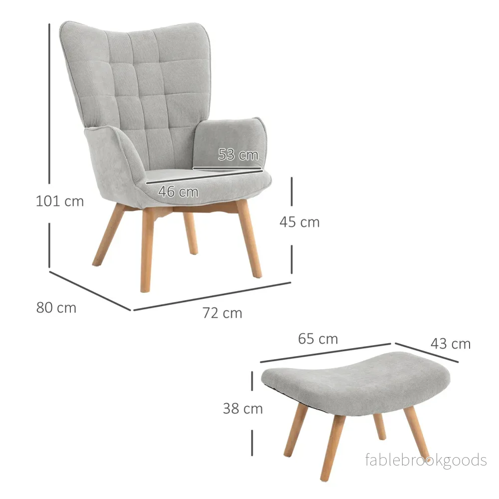 Grå Corduroy Wing Chair med Ottoman – Avslappningsfåtölj - Bild 3
