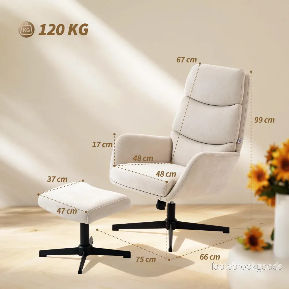Loungefåtölj med fotpall, hög rygg, metallbas, beige - Bild 3