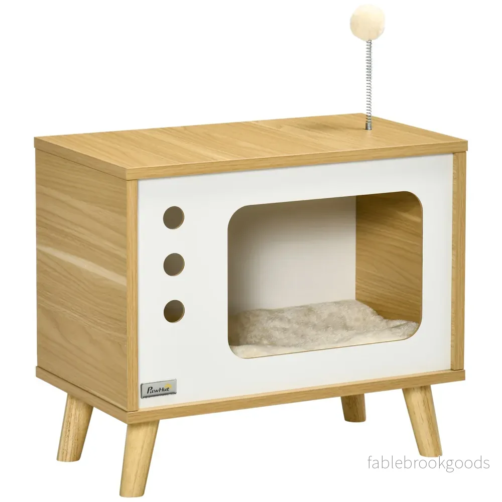 Katthus med lekboll & kudde, ek/beige/vit 50x28x43 cm